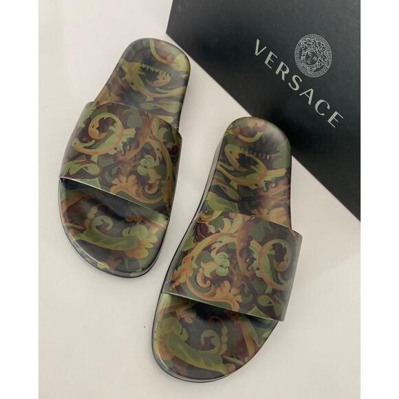 Versace Baroccoflage Slides Sandals Khaki 8 US (41 Euro) IT DSU6516 NIB $395 - Picture 2 of 11
